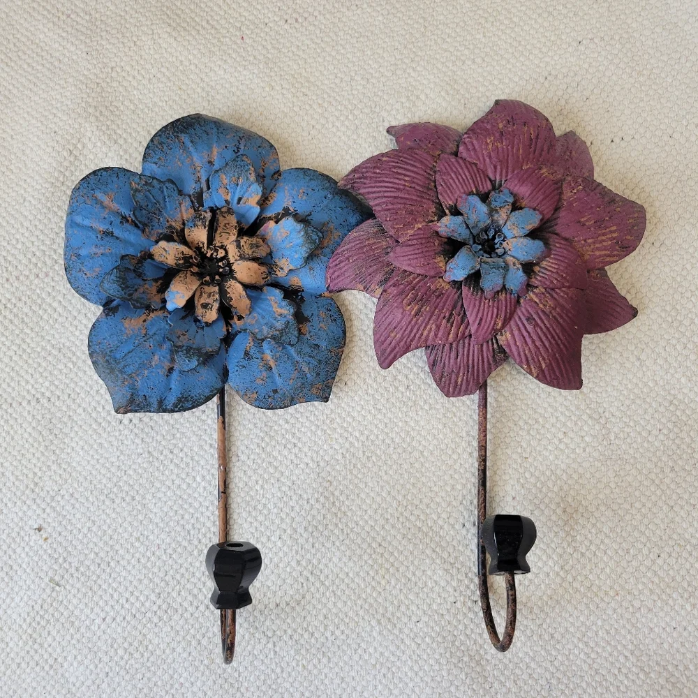 Vintage Floral Metal Wall Hooks - Blue and Purple Bundle Of 2 Hooks